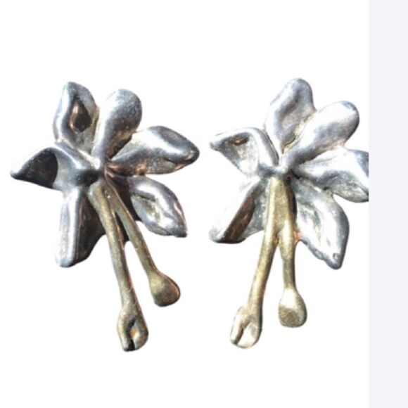 925 Vintage 925 Sterling Large statement clip abstract floral Chunky Earrings 3" - Picture 1 of 15